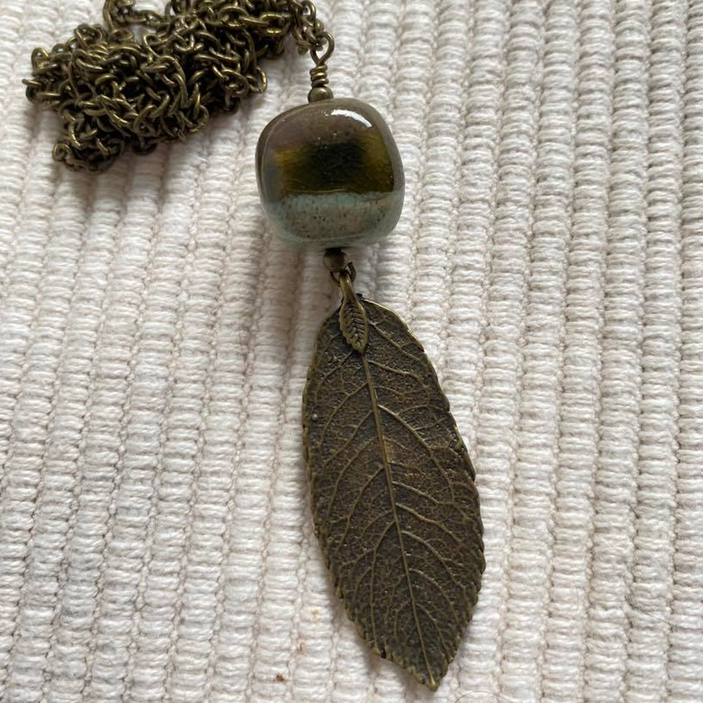 Kazuri Bead & Antique Brass Leaf Necklace ~ was $28