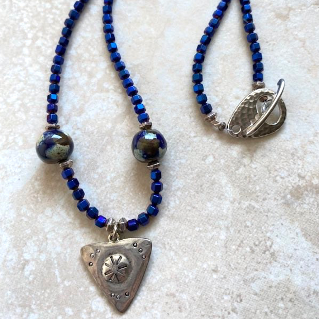Royal Blue Hematite & Kazuri Bead Necklace ~ was $32