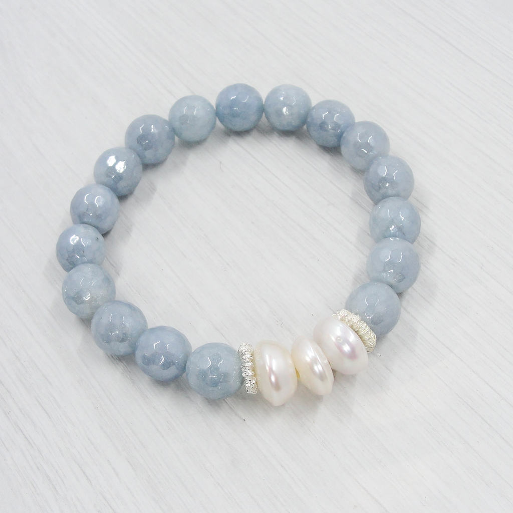 Blue Agate Stretch Bracelet with Pearls