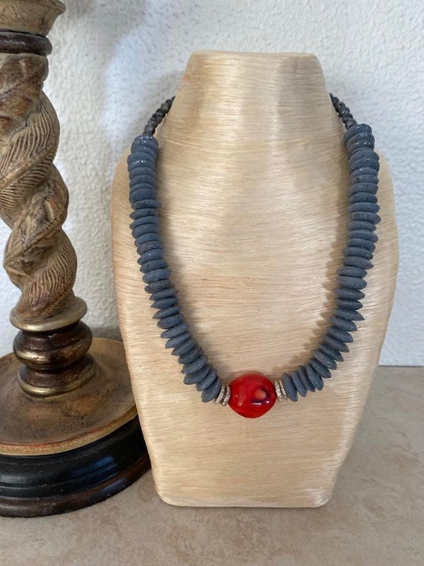 Gray Ashanti & Red Coral Necklace