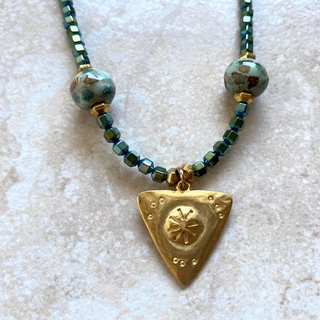 Green Hematite & Kazuri Bead Pendant Necklace
