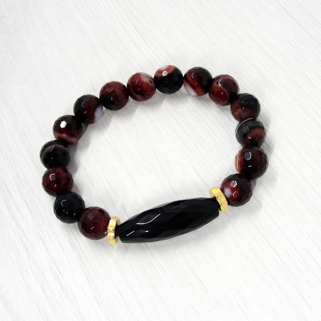 Black & Brown Agate Stretch Bracelet with Onyx Focal Bead