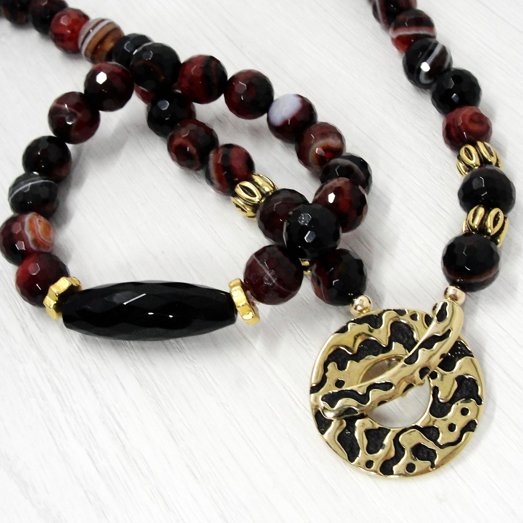 Black & Brown Agate Necklace and Matching  Bracelets